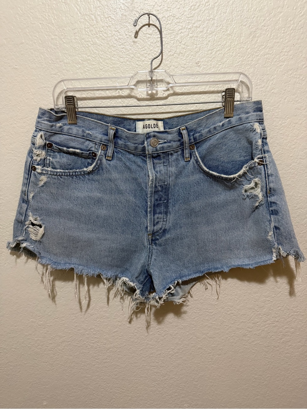 AGOLDE Light Blue Distressed Denim Shorts